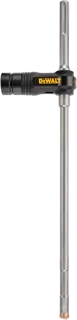 A DEWALT branded SDS max rotary hammer drill bit with a dust extraction attachment, shown vertically against a white background.