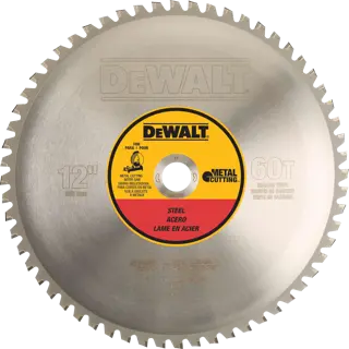 A DEWALT 12-inch circular saw blade with 60 carbide teeth, designed for cutting steel. The blade has a central label with the DEWALT logo, product details, and specifications for metal cutting.