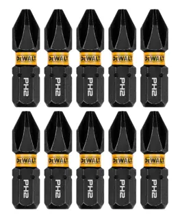 Ten DEWALT PH2 screwdriver bits arranged in two rows, each bit is black with a yellow DEWALT band and PH2 marking.