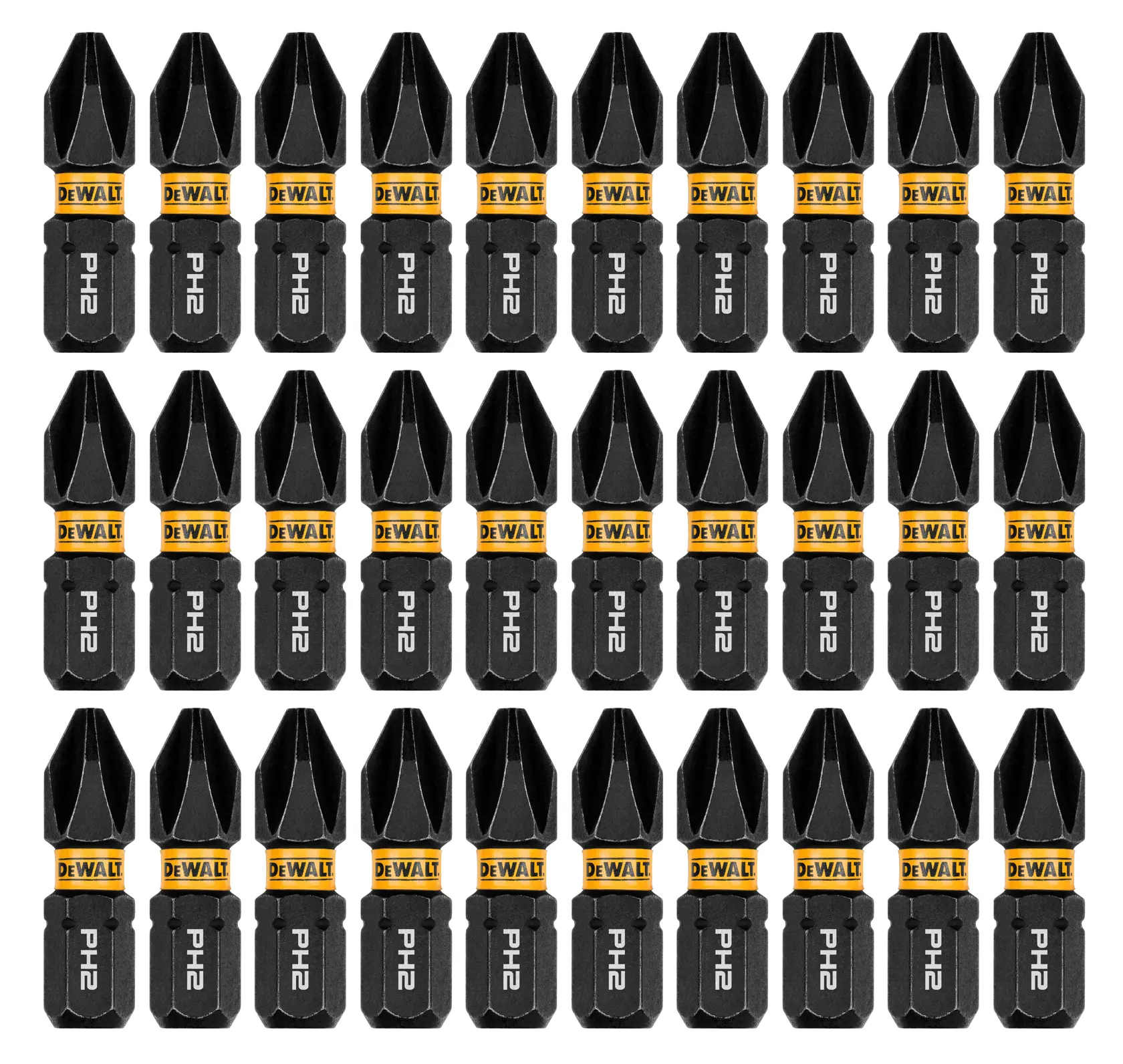 Image shows thirty DEWALT PH2 screwdriver bits arranged in three rows. Each bit has a black body with DEWALT branding in yellow and the marking 'PH2' in white.