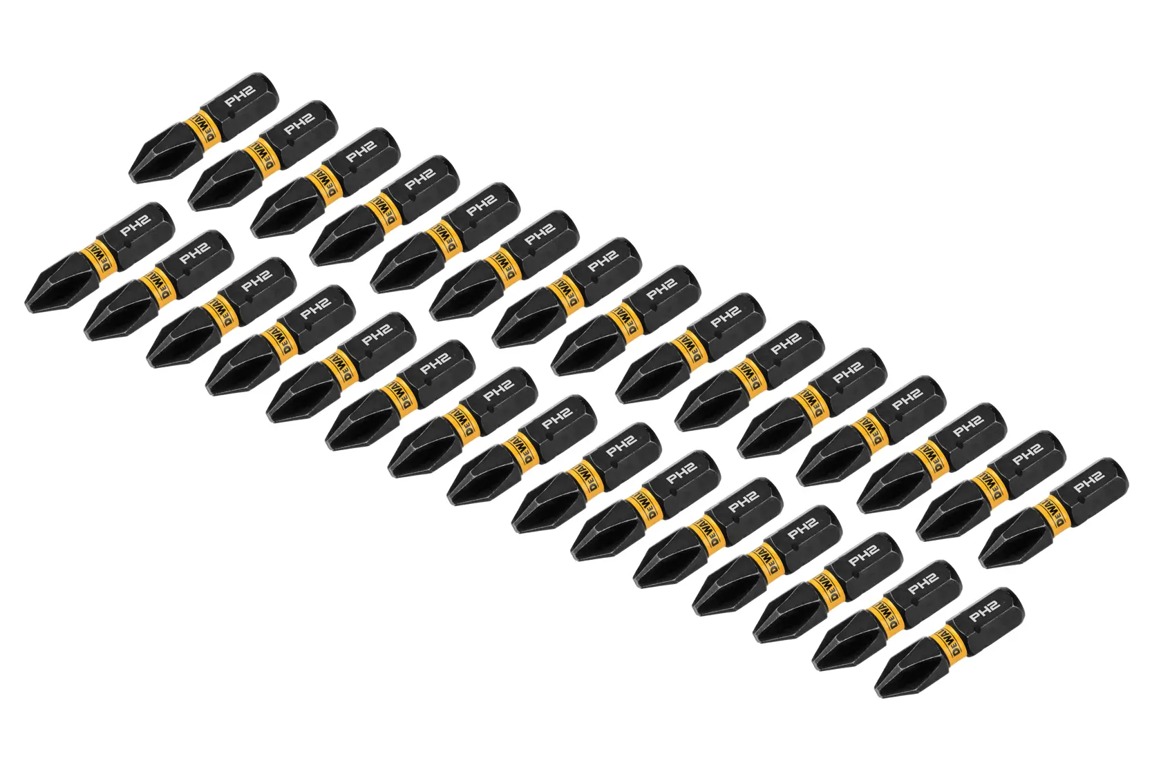 Thirty black and yellow DEWALT PH2 screwdriver bits arranged in rows on a white background.