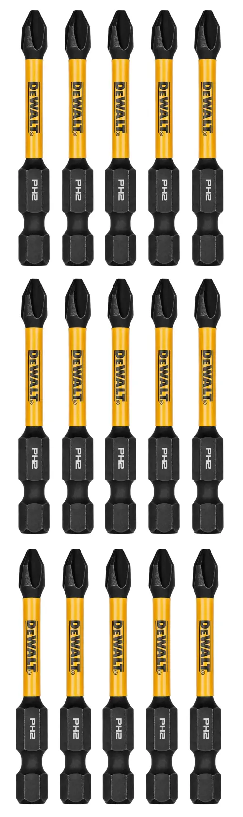 Fifteen DEWALT Phillips screwdriver bits PH2, each with a yellow and black design, arranged in three rows of five.