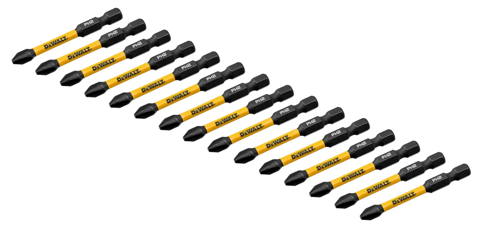 Fifteen DEWALT branded screwdriver bits, PH2 size, arranged diagonally in a row.
