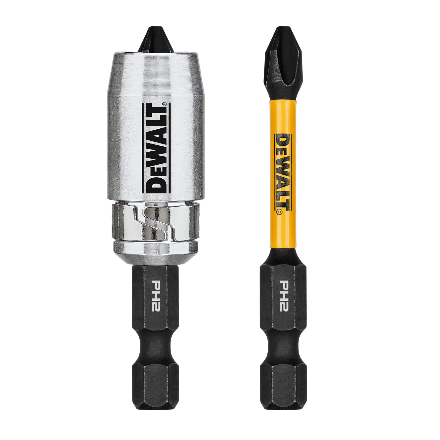 Close-up image of two DEWALT screwdriver bits, one with a metallic sleeve and one without, both labeled PH2, used for driving screws.