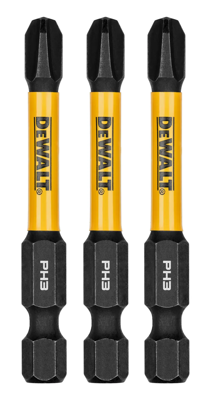 Three DEWALT PH3 screwdriver bits with yellow and black design are shown standing vertically side by side against a white background.