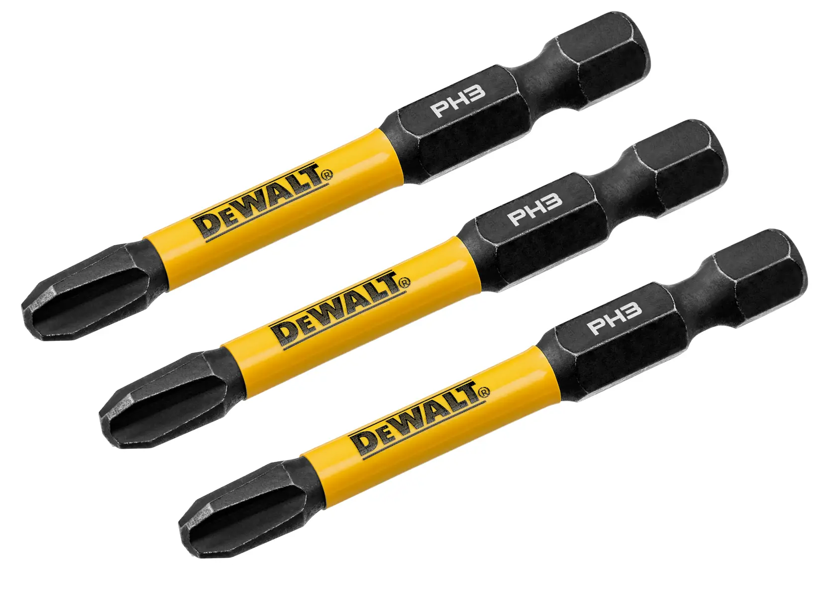 Three DEWALT PH3 screwdriver bits with yellow and black color, shown in a diagonal arrangement on a white background.