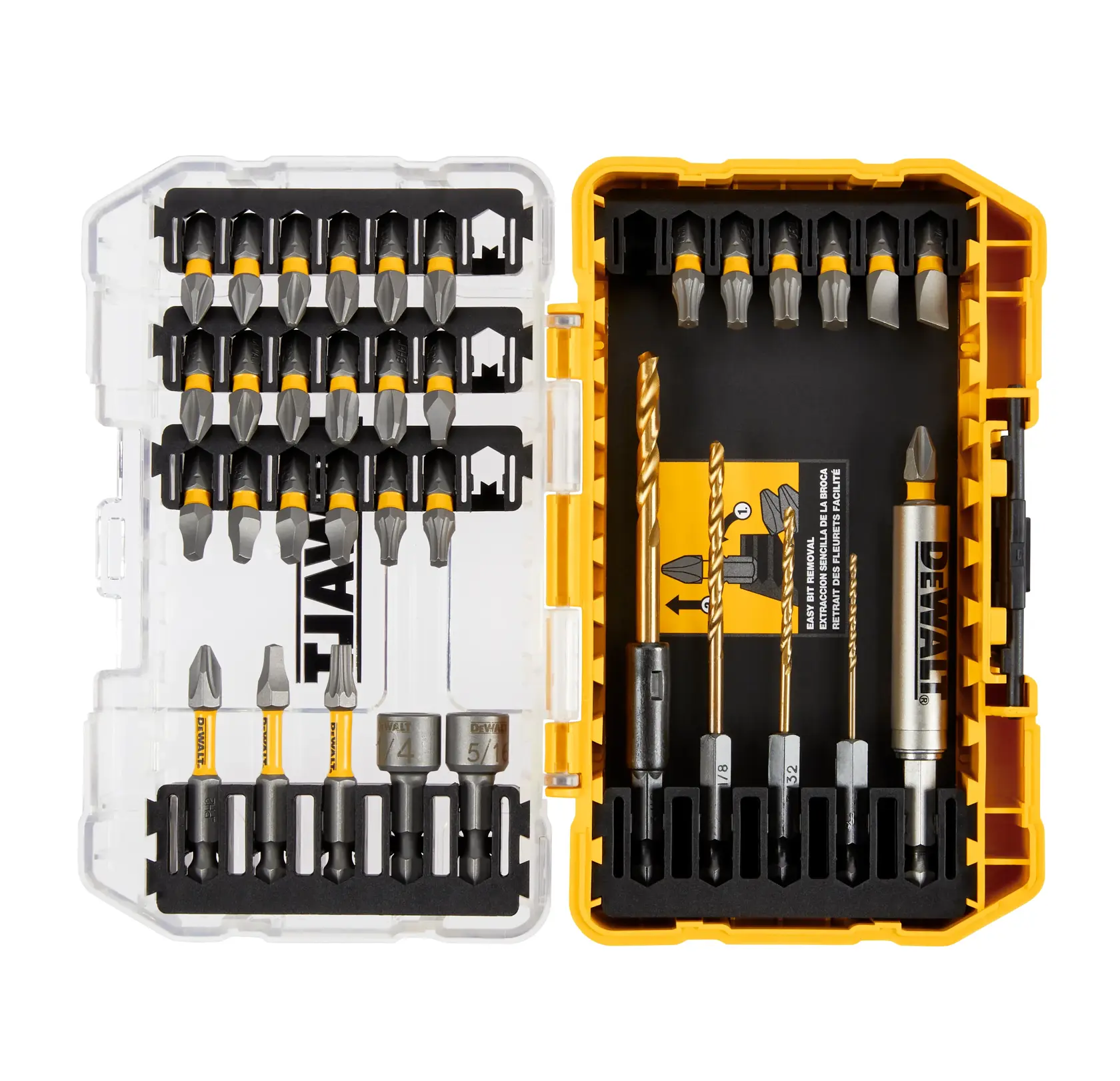 A DEWALT branded drill and screwdriver bit set in a yellow and transparent plastic case. The set contains multiple types and sizes of bits organized neatly in compartments, including drill bits, screwdriver bits, and nut drivers.