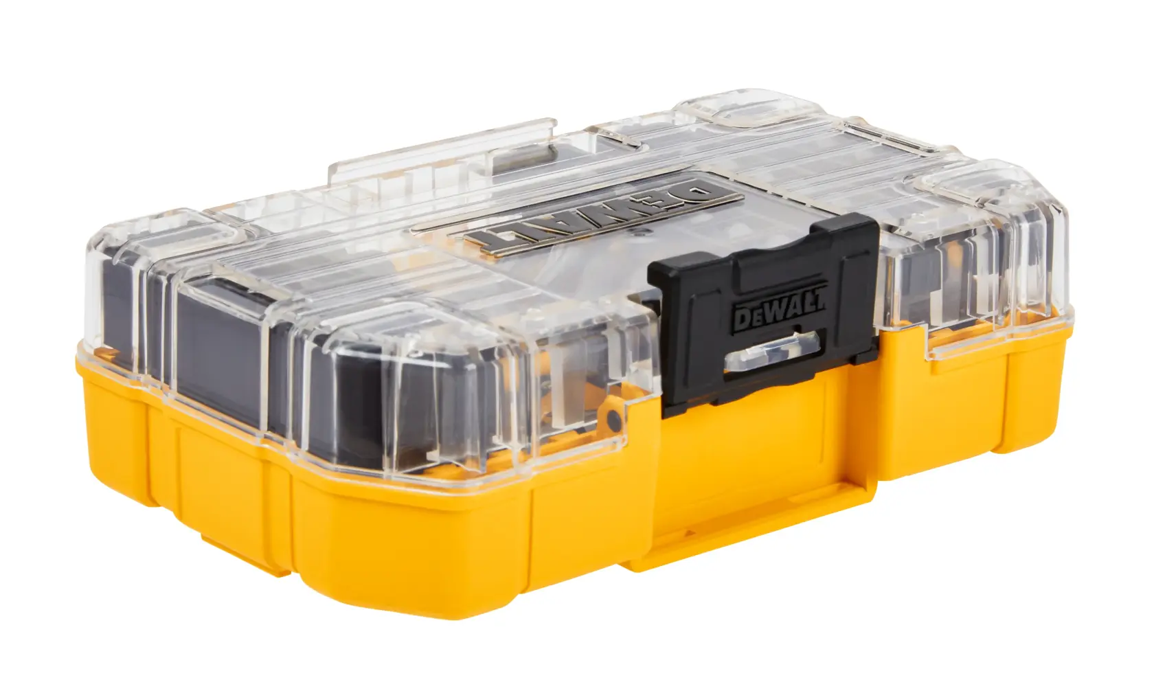 A DEWALT branded yellow and black plastic storage case with a transparent lid and a black latch, used for organizing tools or accessories.