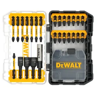 A DEWALT branded bit and socket set, featuring a variety of black and yellow screwdriver bits and three sockets organized in a sturdy plastic case with clear and yellow compartments.