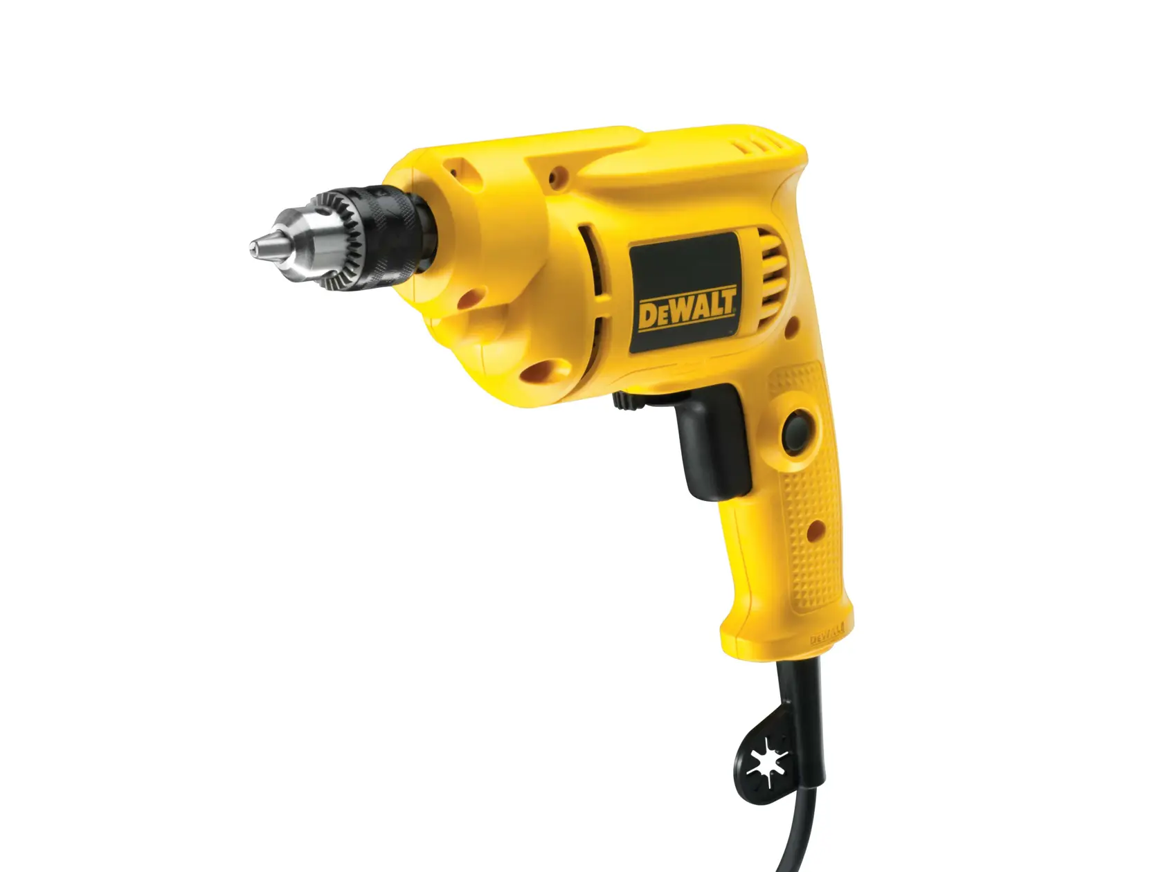Yellow DEWALT electric drill with a trigger and cord, shown against a white background.