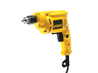 A yellow DEWALT electric drill with a black handle and cord, photographed against a white background.