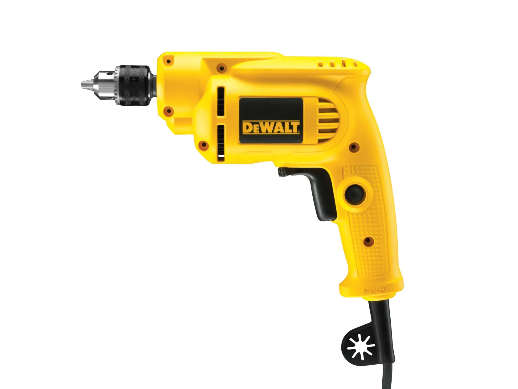 A yellow DEWALT electric drill with a black grip and chuck, shown from the side against a white background.