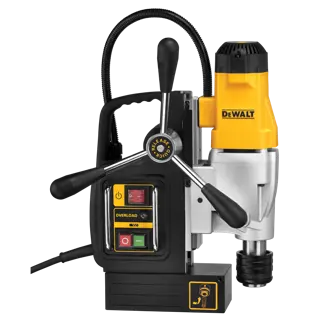 DEWALT DWE1622K magnetic drill press featuring a yellow and black design, control switches, and three handles for operation. The machine is used for precise drilling in metalworking.