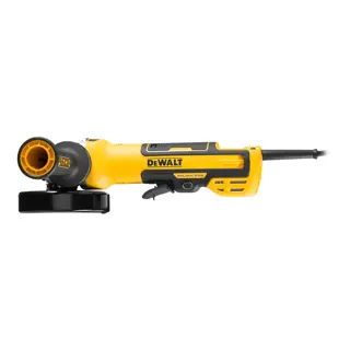 A yellow and black DEWALT angle grinder power tool with a corded design, shown in a side view on a white background.