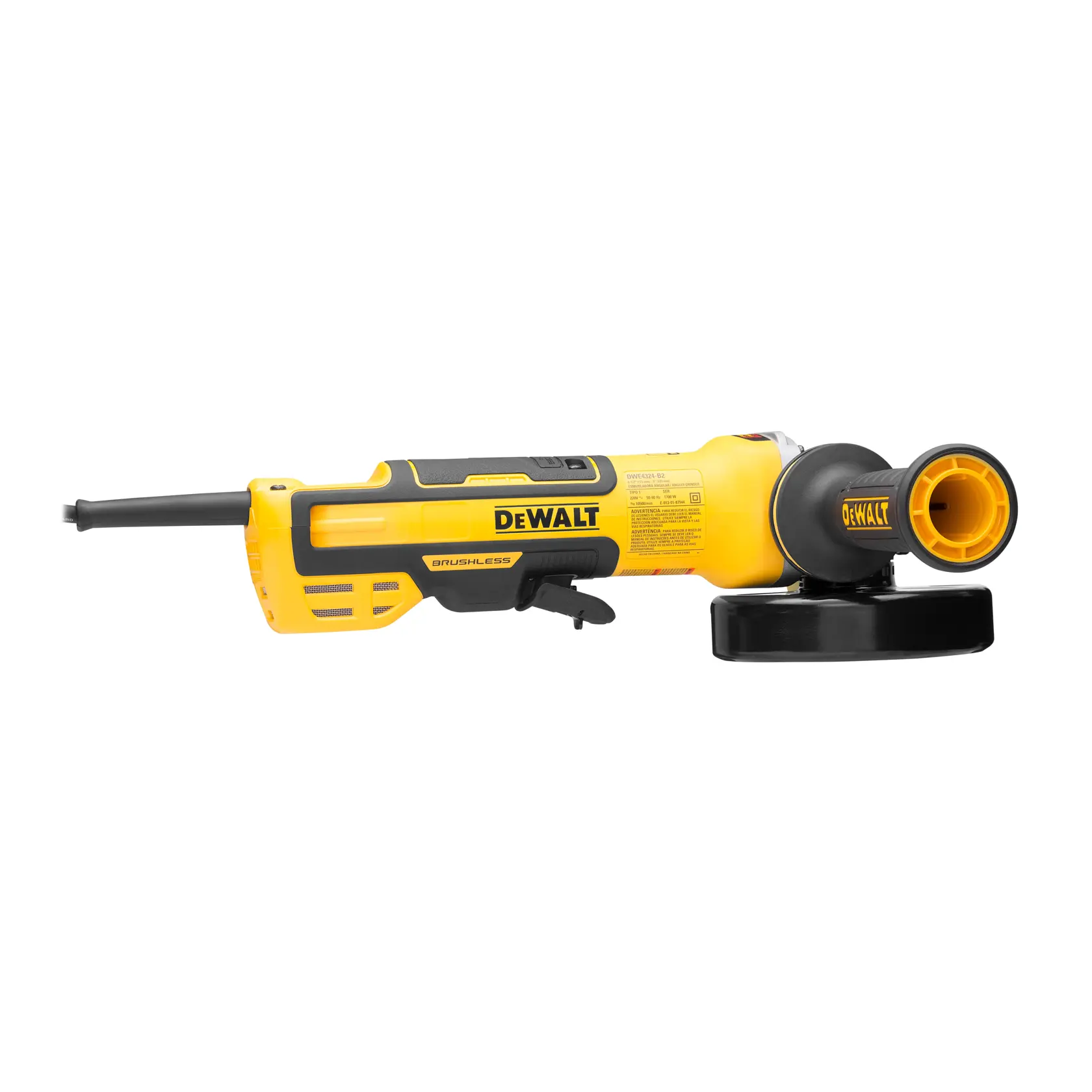 DEWALT® Esmeriladora Angular de 4-1/2" (115mm) - 5" (125mm) con Cable de 1700W sin Carbones de Interruptor de Paleta y Freno KICKBACK BRAKE™