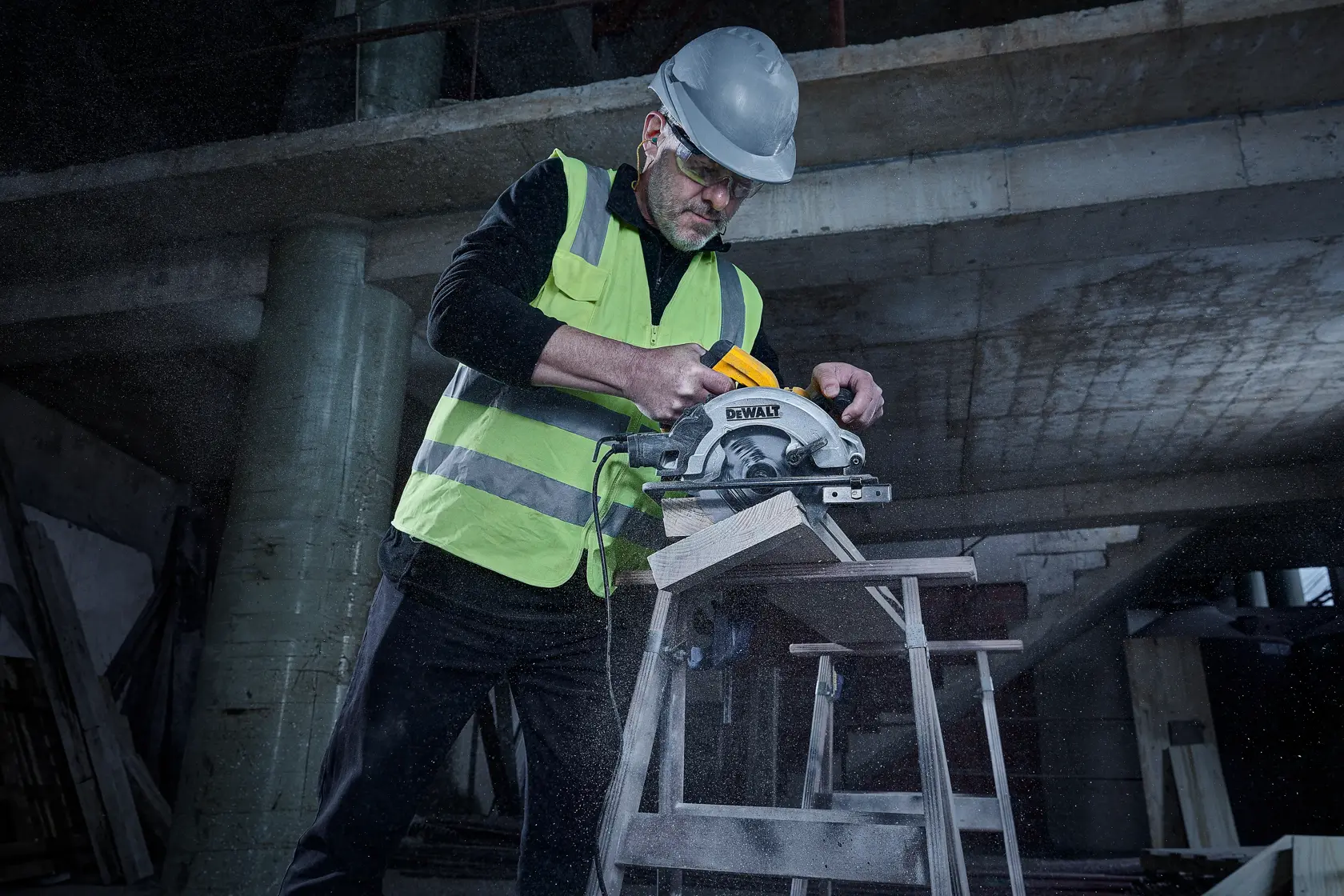 Corded Circular Saw Showing a Bevel Cut in Wood