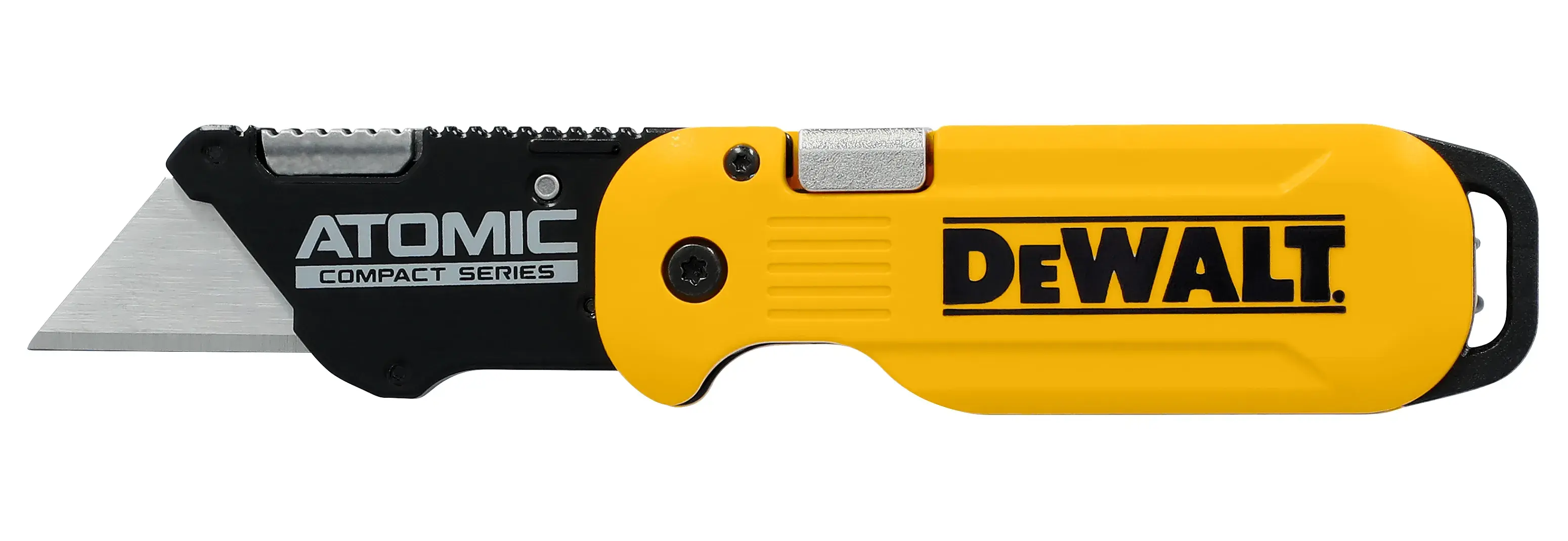 DEWALT ATOMIC knife opened on white at a front profile view