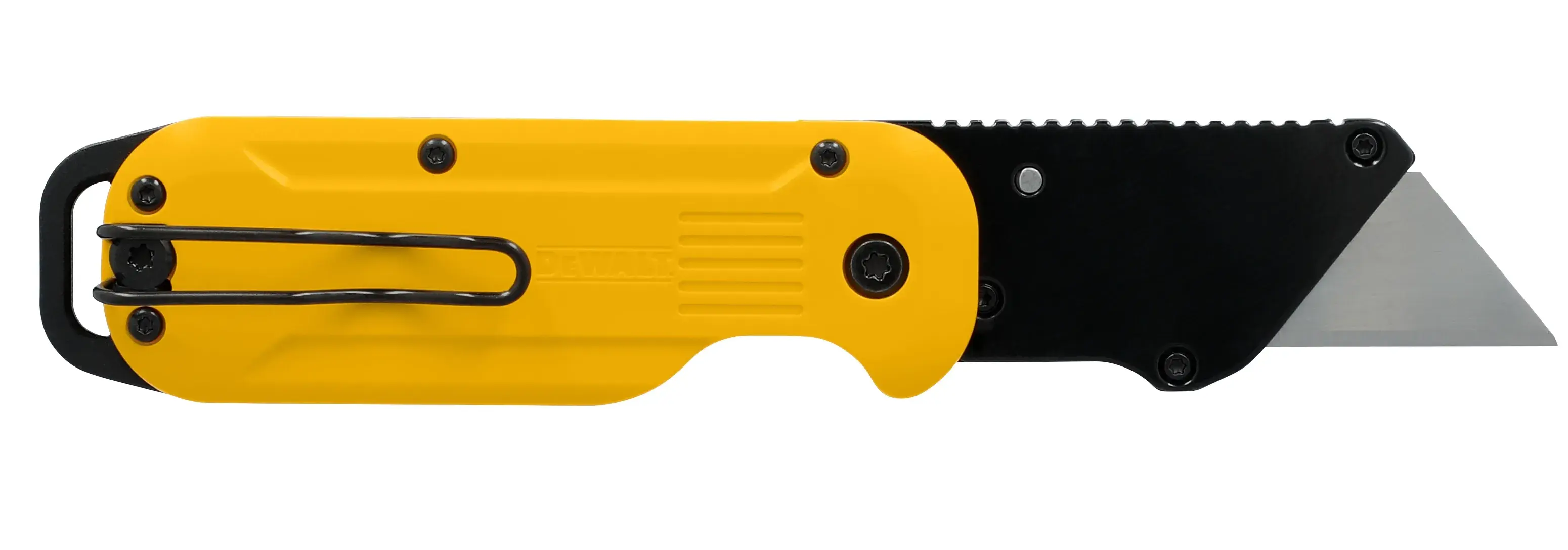 DEWALT ATOMIC knife opened on white at a back profile view