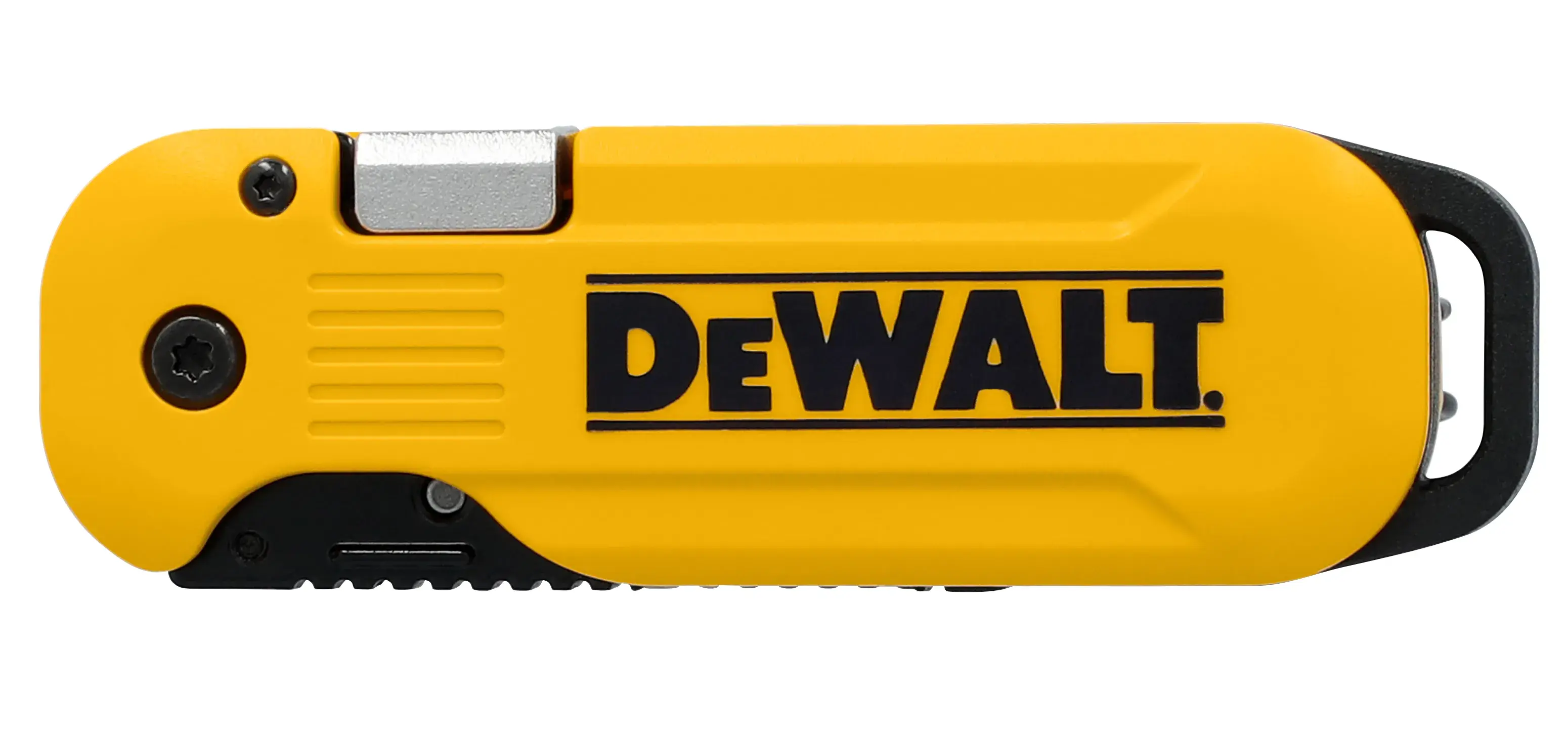 DEWALT ATOMIC knife closed on white at a front profile view