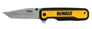 A DEWALT folding utility knife with a partially serrated blade and a yellow and black handle.