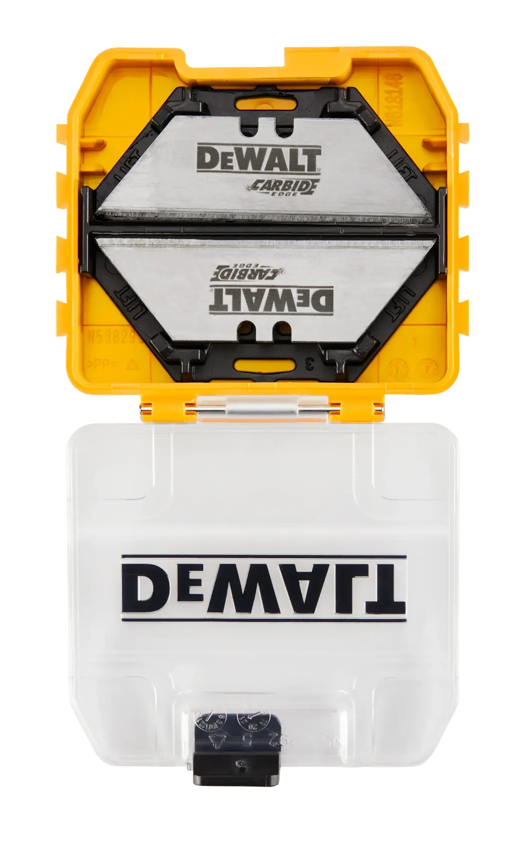 Overhead view of DEWALT ToughCase+ 30 pack Carbide Blades with open case lid