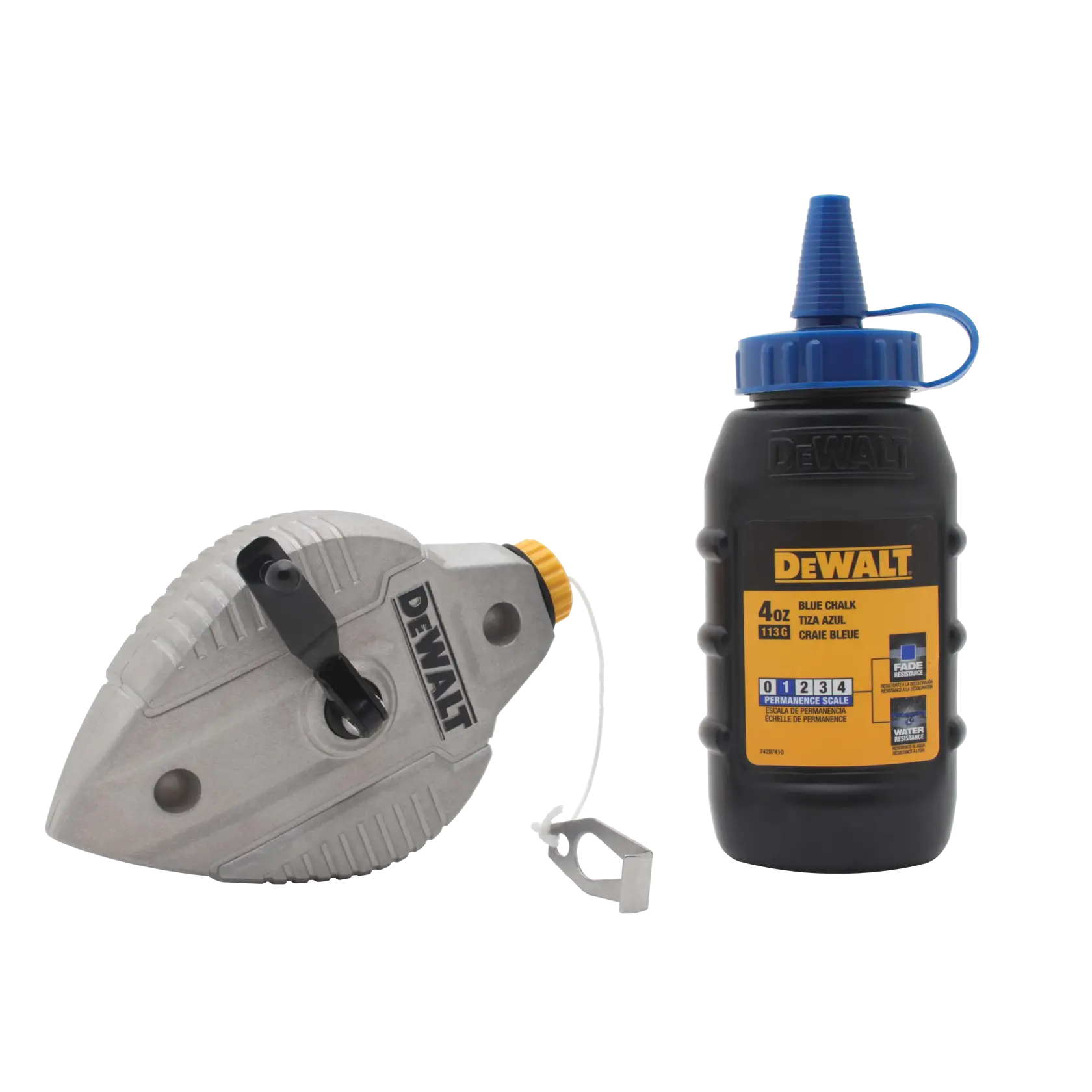 Profile of Cast Aluminum Chalk Reel with Blue Chalk unlatched and unhooked.