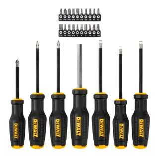 A set of DEWALT screwdrivers with black and yellow handles, displayed in a row. Above the screwdrivers, there are two black racks containing a variety of interchangeable screwdriver bits with labeled sizes and types.