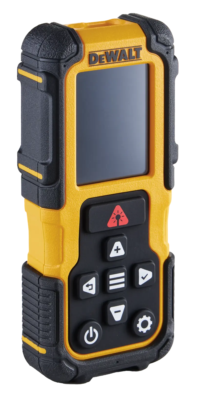 Side angle of the DEWALT® 200 ft. Alkaline Laser Distance Measurer on white