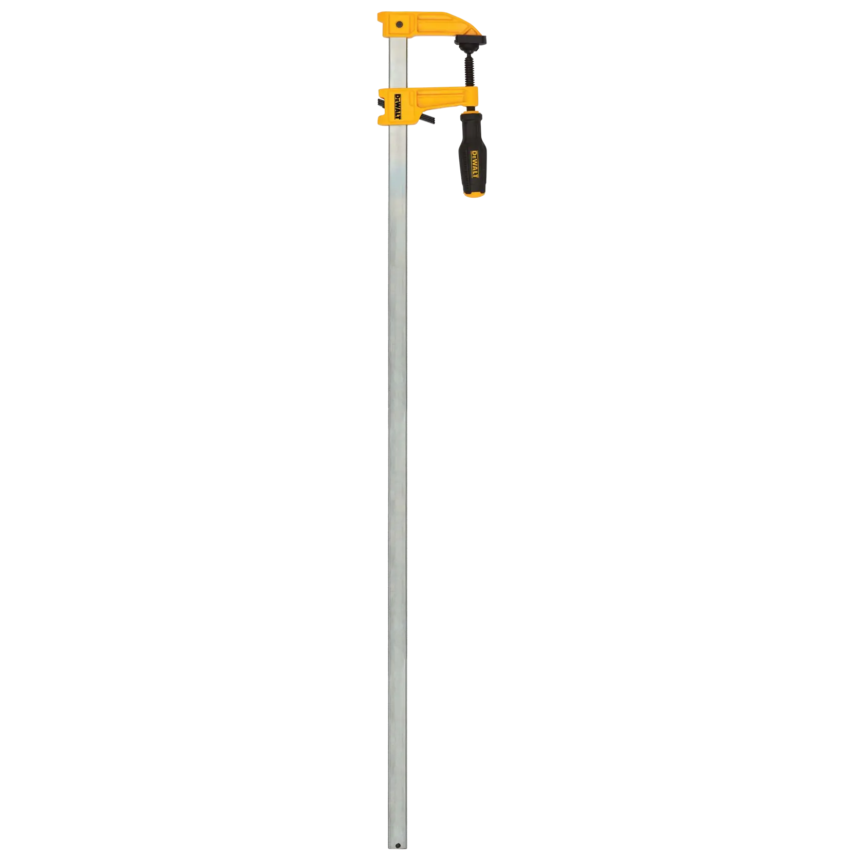 A long bar clamp with a yellow handle and mechanism, used for woodworking or construction purposes.