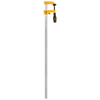 A long bar clamp with a yellow handle and mechanism, used for woodworking or construction purposes.