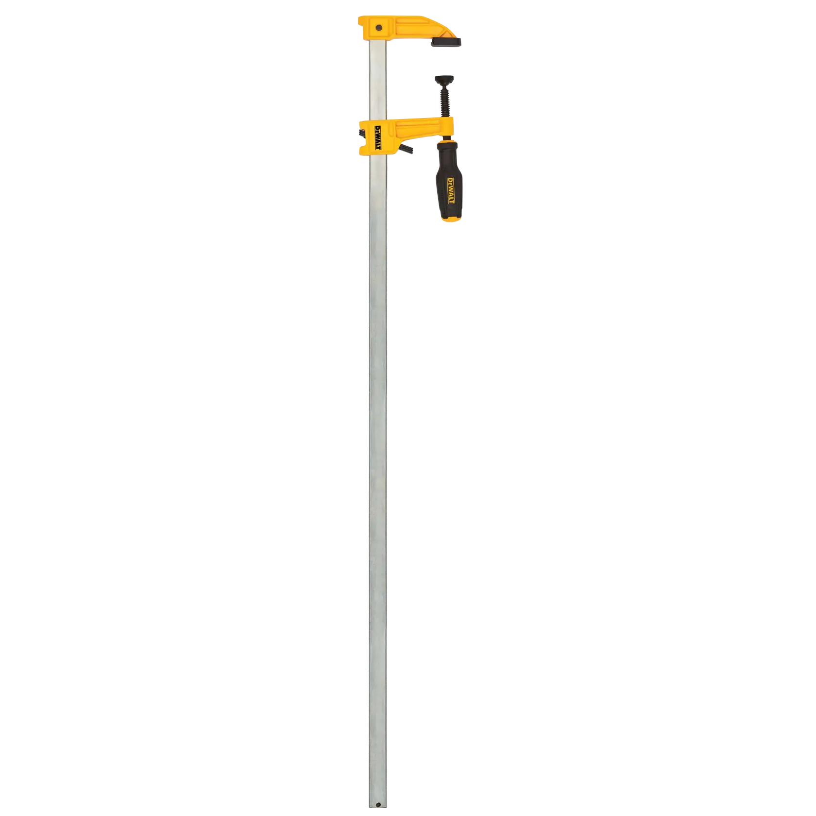 A DEWALT bar clamp with a yellow body and black handle, used for securing objects during woodworking or other construction tasks.