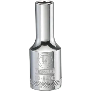 A close-up image of a DEWALT 1/4-inch drive socket, model number 70-840D, with a polished chrome finish.