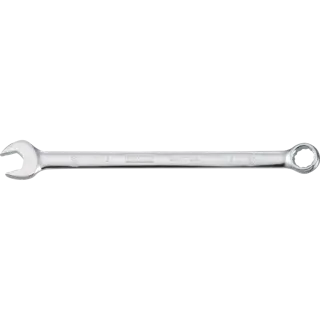 A silver combination wrench with an open end and a box end, featuring engraved markings including size and brand name.