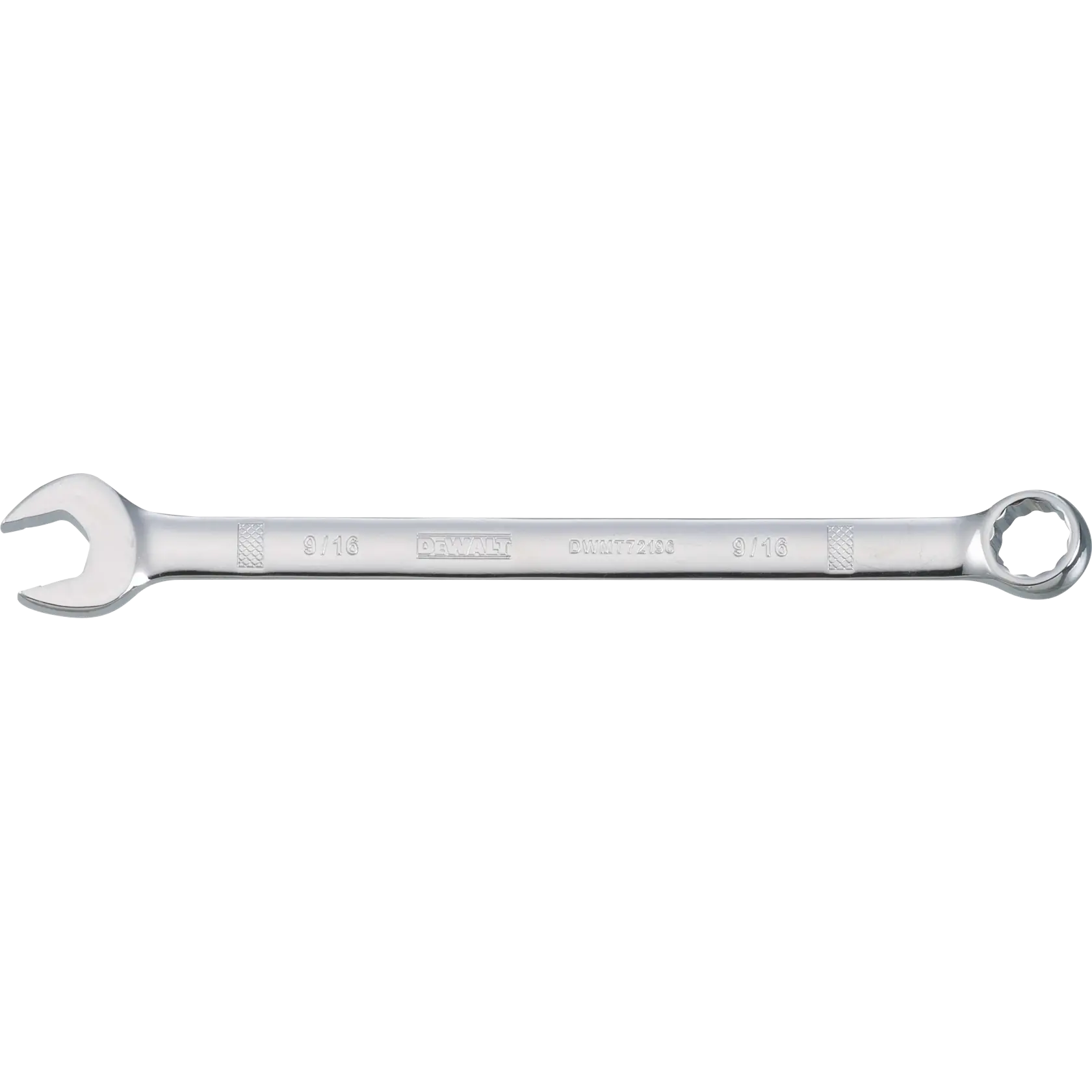 A DEWALT 9/16 inch combination wrench with an open-ended side and a closed ring side, made of polished metal, shown against a white background.