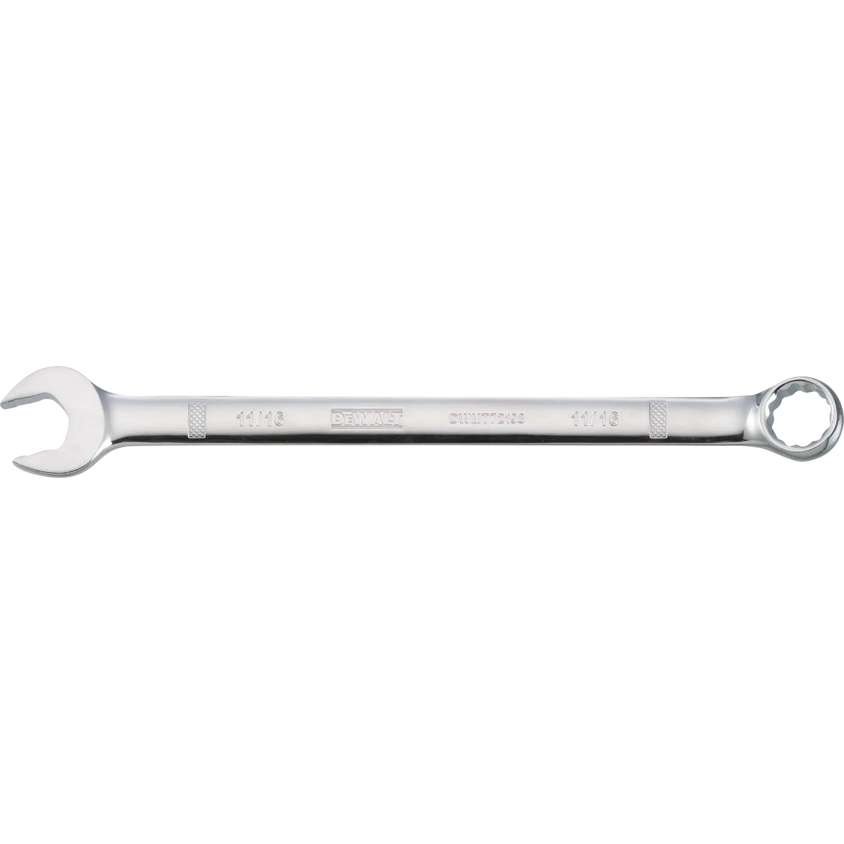 A DEWALT combination wrench with one open-ended side and one closed ring side. The wrench is metallic and has the size marking 11/16 inches on it.