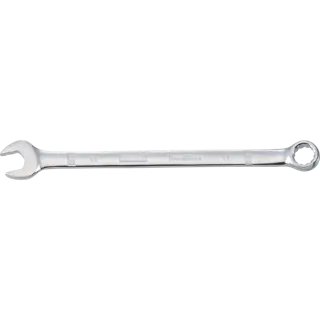 A silver DEWALT combination wrench with an open end on one side and a box end on the other, isolated on a white background.