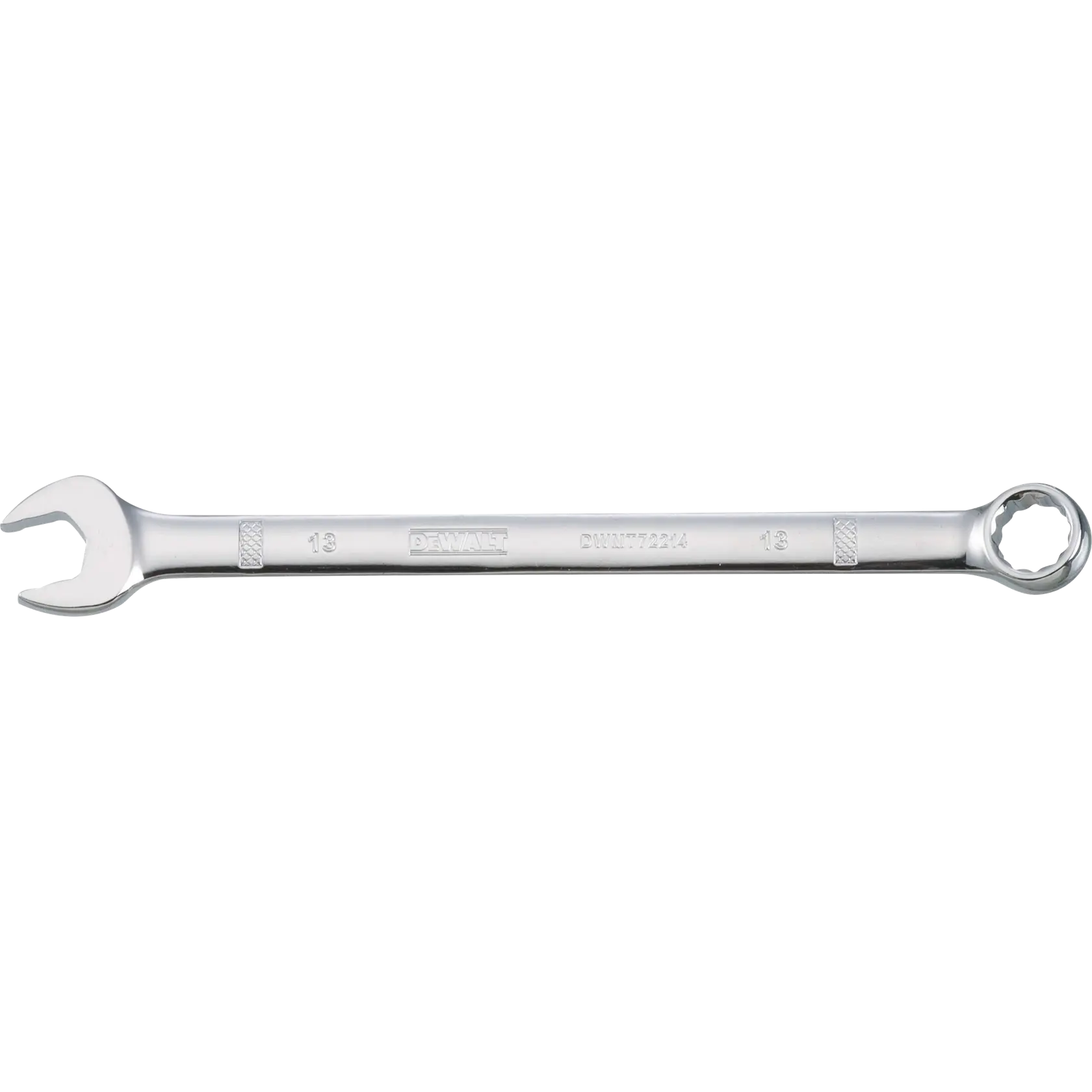 A DEWALT combination wrench with an open-end on one side and a closed-ring end on the other side, made of metal and labeled with size 13.