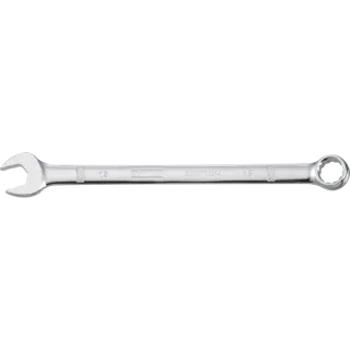 A silver DEWALT combination wrench with an open end on one side and a closed ring end on the other, lying horizontally against a white background.