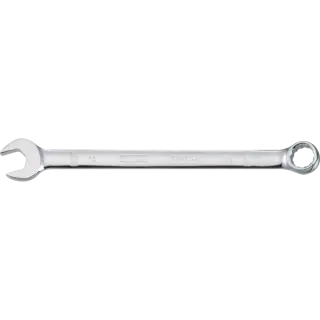 A chrome combination wrench with an open-end on one side and a box-end on the other side, shown against a white background.