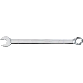 A chrome combination wrench with an open end on one side and a closed ring on the other, branded DEWALT.