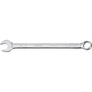 A DEWALT combination wrench with an open end and a closed, ring end, made of polished metal. The tool has size markings and DEWALT branding engraved on the handle.