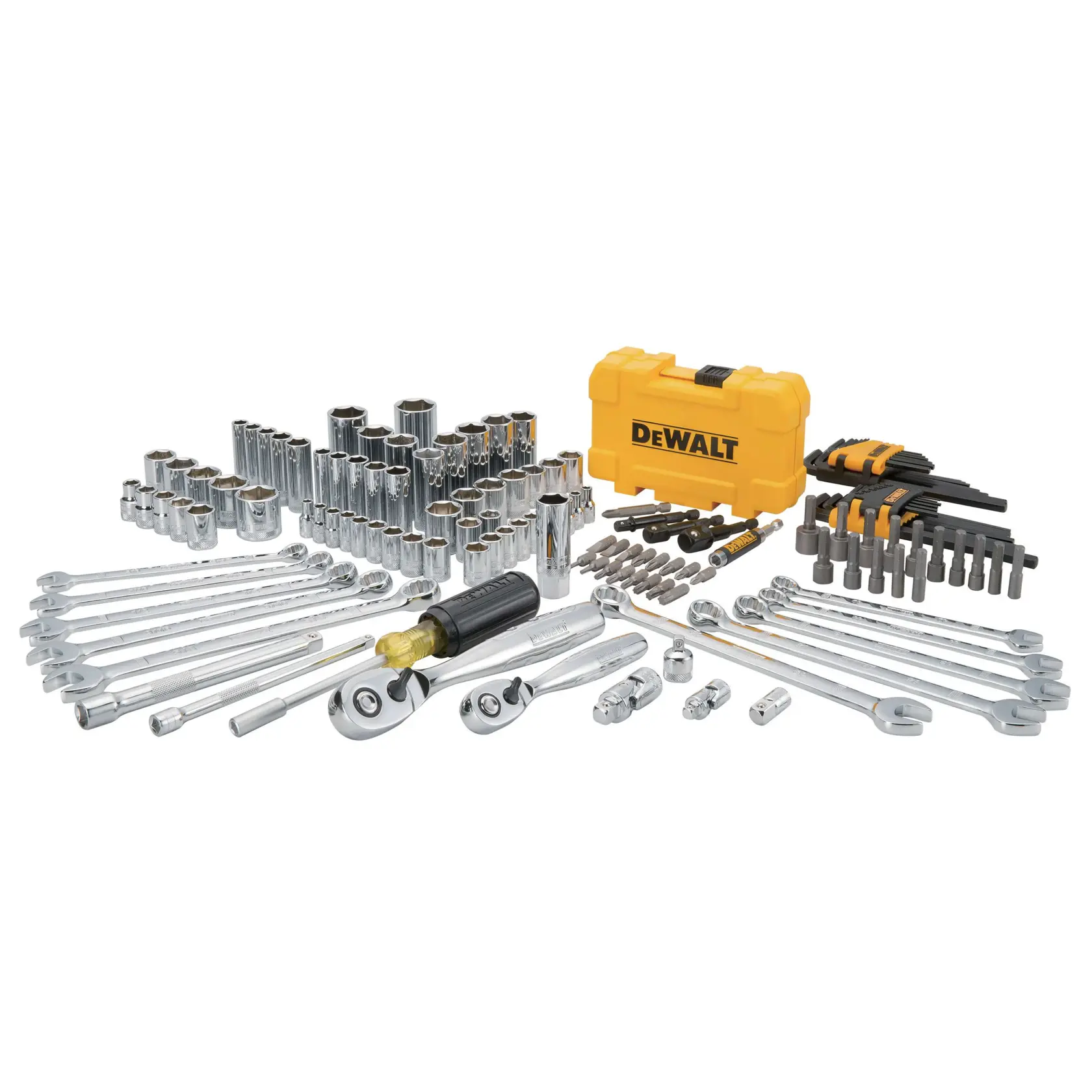 A DEWALT mechanic tool set with a yellow plastic case, featuring a variety of sockets, wrenches, ratchets, hex keys, screwdriver bits, and other assorted hand tools neatly arranged around the case.