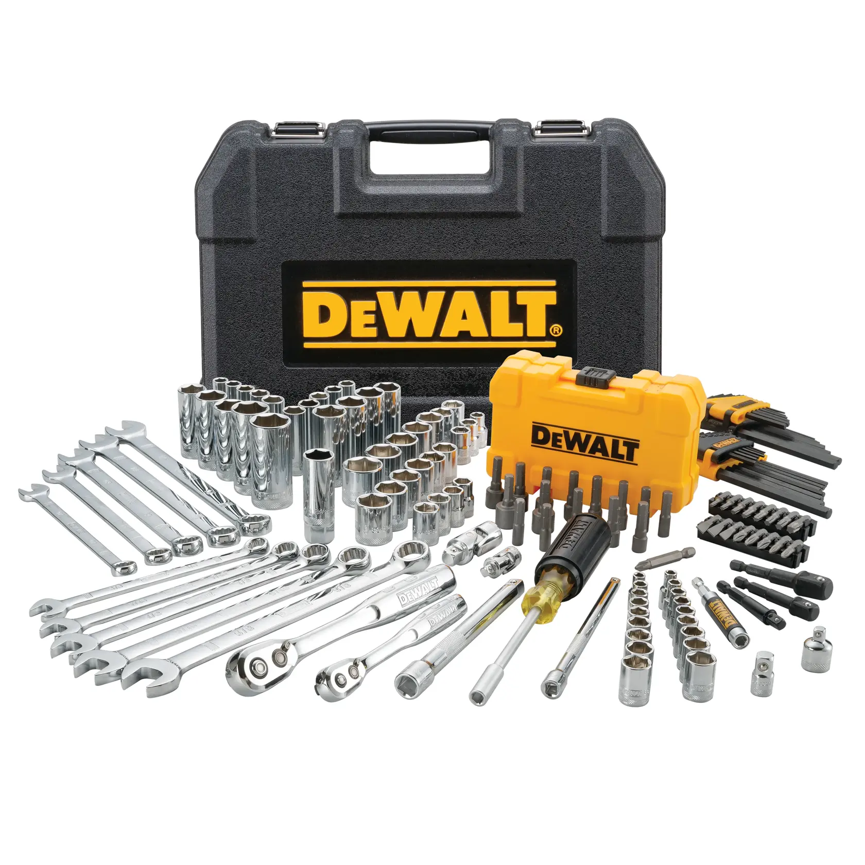 A DEWALT tool set with a hard plastic carrying case. The set includes multiple wrenches, sockets, ratchets, bits, hex keys, and screwdriver attachments, all neatly arranged in front of the carrying case.