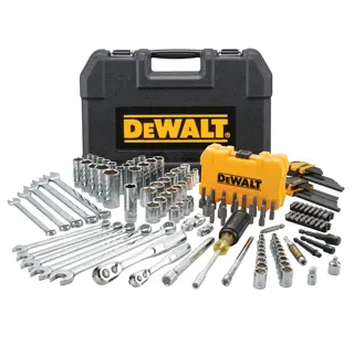 A comprehensive DEWALT tool set including wrenches, sockets, screwdrivers, hex keys, and assorted bits arranged in front of a black hard carrying case with a yellow DEWALT logo.