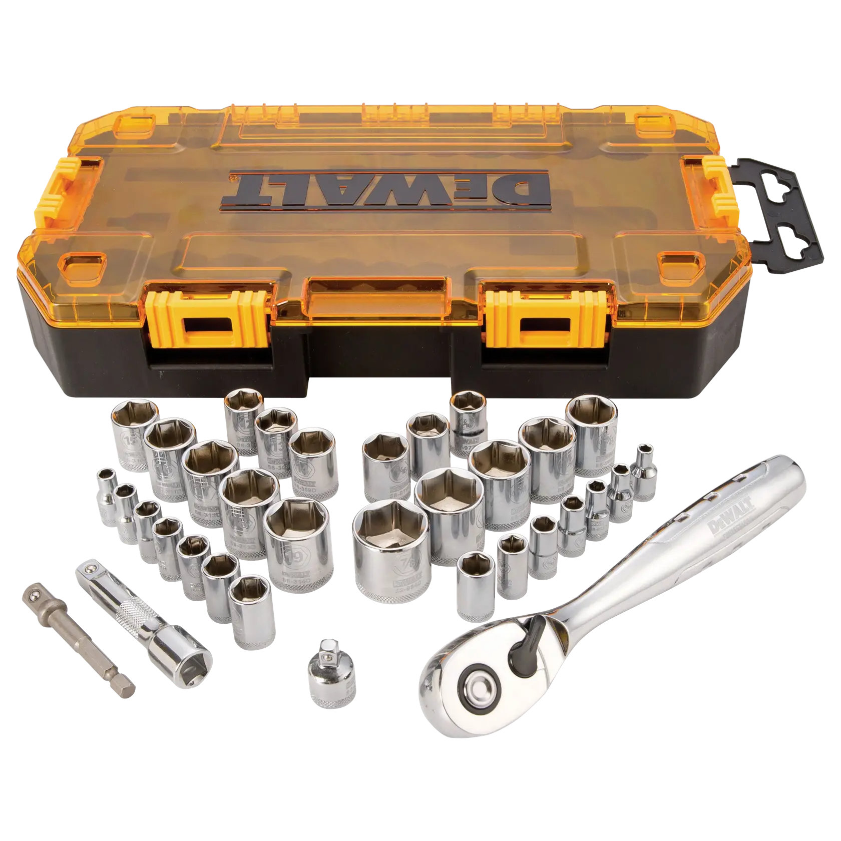 A DEWALT socket wrench set displayed in front of a yellow and black hard plastic carrying case. The set includes various sizes of chrome sockets and attachments, along with a ratcheting wrench handle.