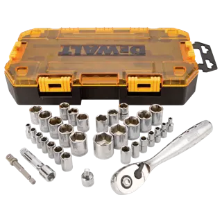 A DEWALT socket set is displayed, featuring a yellow and black hard plastic storage case and various metal sockets, extensions, adapters, and a ratchet tool.