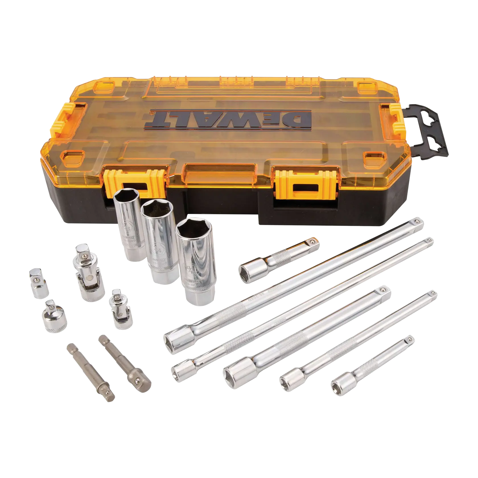 Profile of DEWALT 15 piece drive tool accessory set with its case.