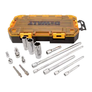 Profile of DEWALT 15 piece drive tool accessory set with its case.