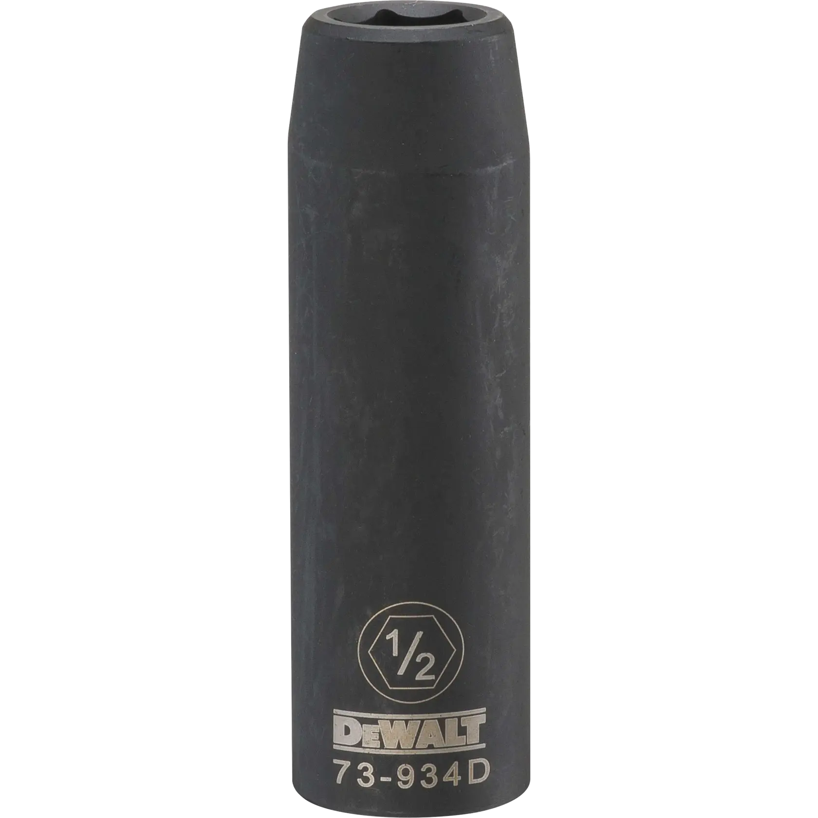A DEWALT branded deep impact socket, size 1/2 inch, with product code 73-934D. The socket is cylindrical, black in color, and designed for use with impact tools.