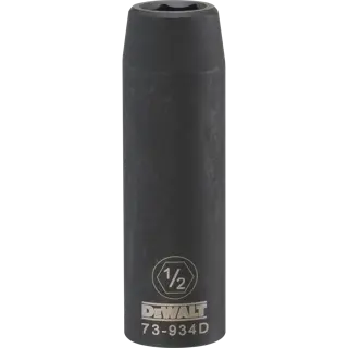 A DEWALT branded deep impact socket, size 1/2 inch, with product code 73-934D. The socket is cylindrical, black in color, and designed for use with impact tools.